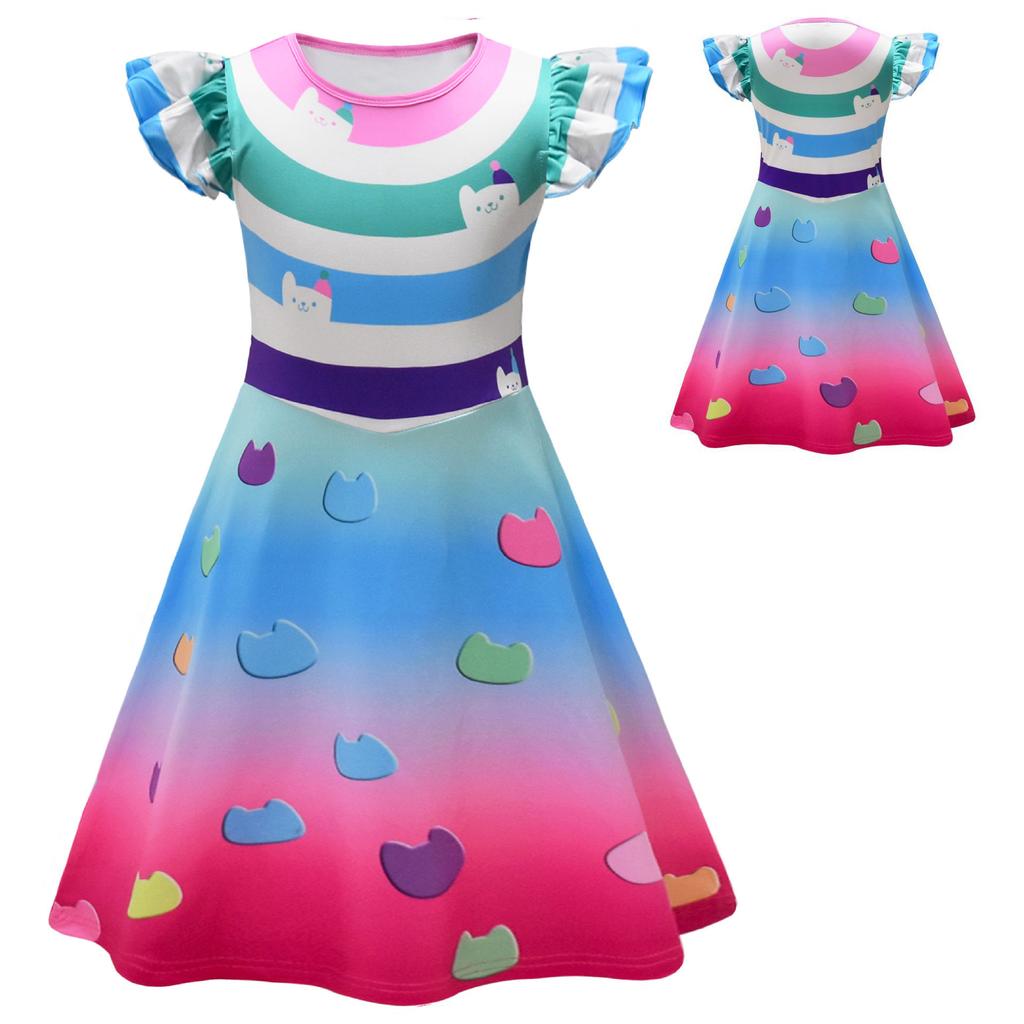 Girls Cosplay Print Flutter Sleeve Dress with Handbag, Cute Party Dress, Kids Role Play Costume