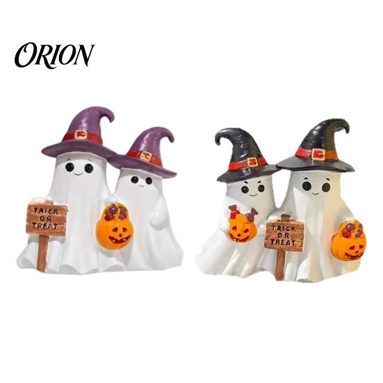 Halloween Mantel Countertop Decor Ghost Figurine, Cute Spooky Resin Statue with Retro Table Decorations Witch Hat for Table, Tiered Tray, Kitchen,