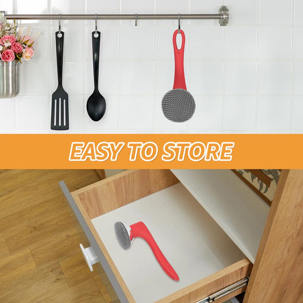 Cast Iron Scrubber Stainless Steel Skillet Cleaner with Silicone Long Handle Efficient Chainmail Scrubber Kitchen Cleaning Tools