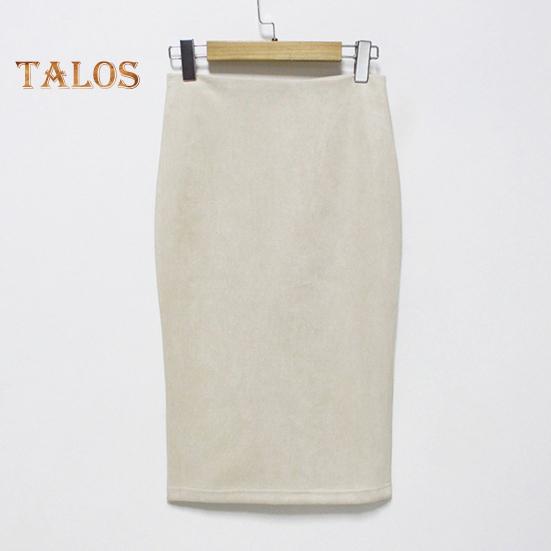 Fusta creion pentru femei, cu talie înaltă, cu șold înfășurat, de culoare uni, din piele de căprioară, cu design cu fantă în spate, cu fermoar, până la genunchi.