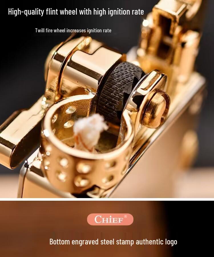 CHIEF CF708 Brass Engraved Windproof Kerosene Lighter with Rocker Ejection Ignition