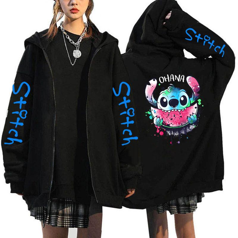 Oversized Y2k Zip-up Hettegenser Disney Dame Lilo & Stitch Kostyme Vinterklær Dame Langermet Varm Jakke Zip-up Street Topper