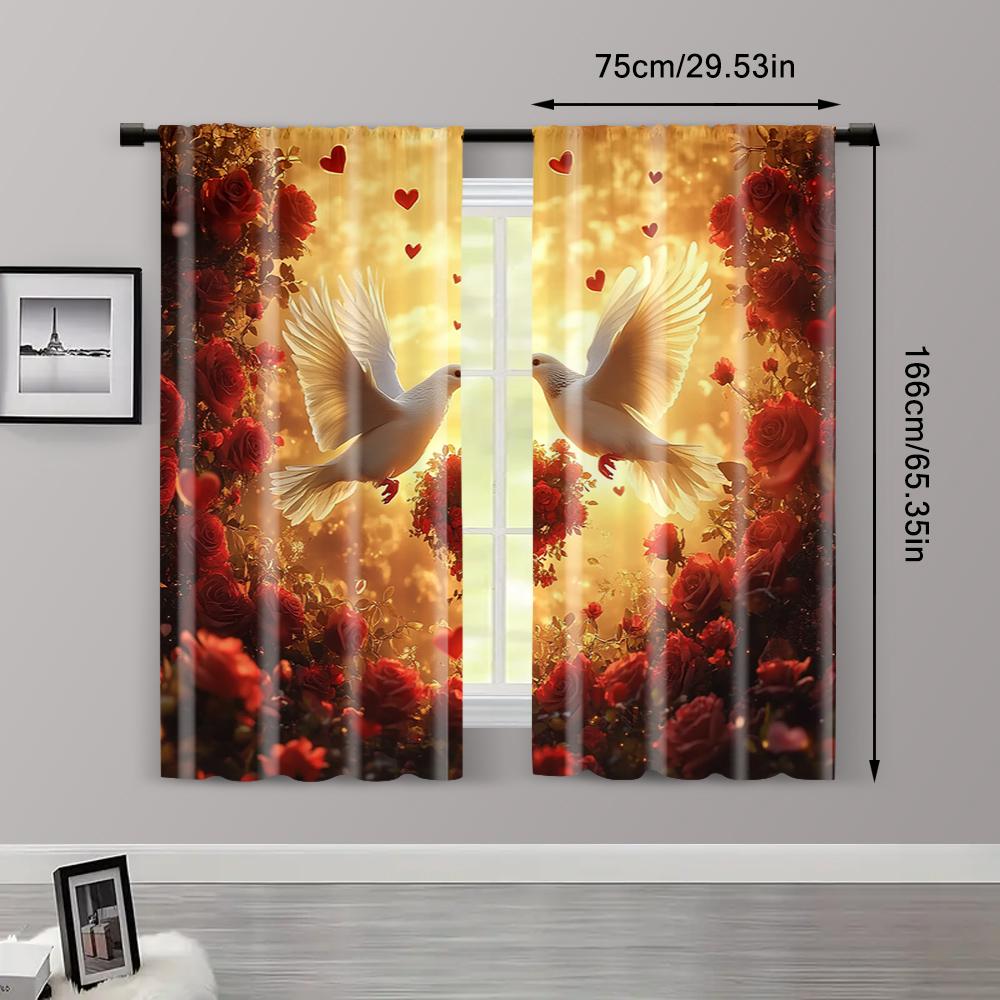2pc,  Romantic Valentine's Day Window Curtains Romantic White Dove and Red Rose Valentine's Day Heart shaped Sunrise Scene