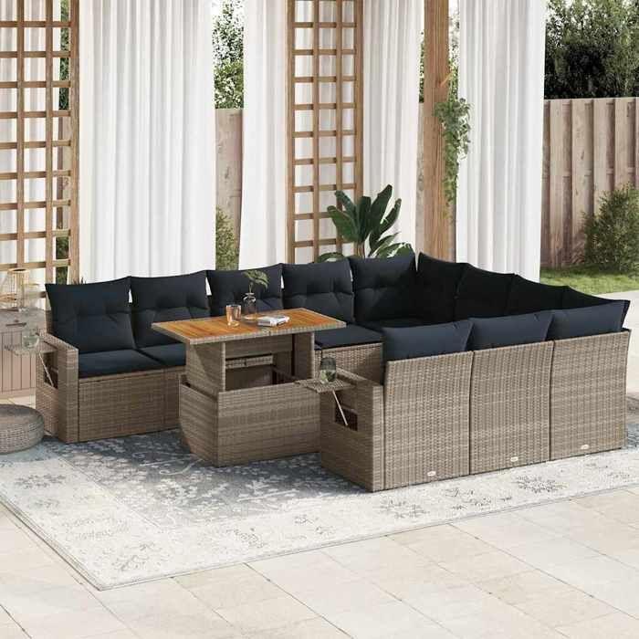 VidaXL Salon de jardin 11 pcs avec coussins gris résine tressée, ensemble de canapés d'extérieur, ensemble de canapé d'angle 3327204