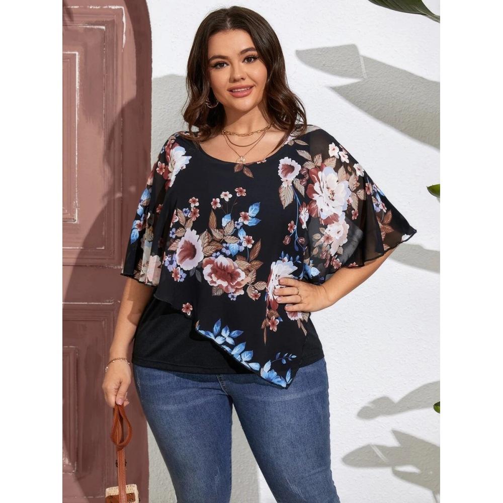 Plus Size Women's Chiffon Shawl Fake Two Piece T-Shirt