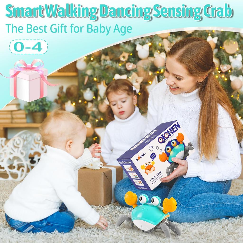 Crawling Crab Baby Toy, Tummy Time Toy for Infant 3 6 9 12 18 24 Month, Walking Dancing Interactive Sensory Crab with Light Music, Birthday Gift for