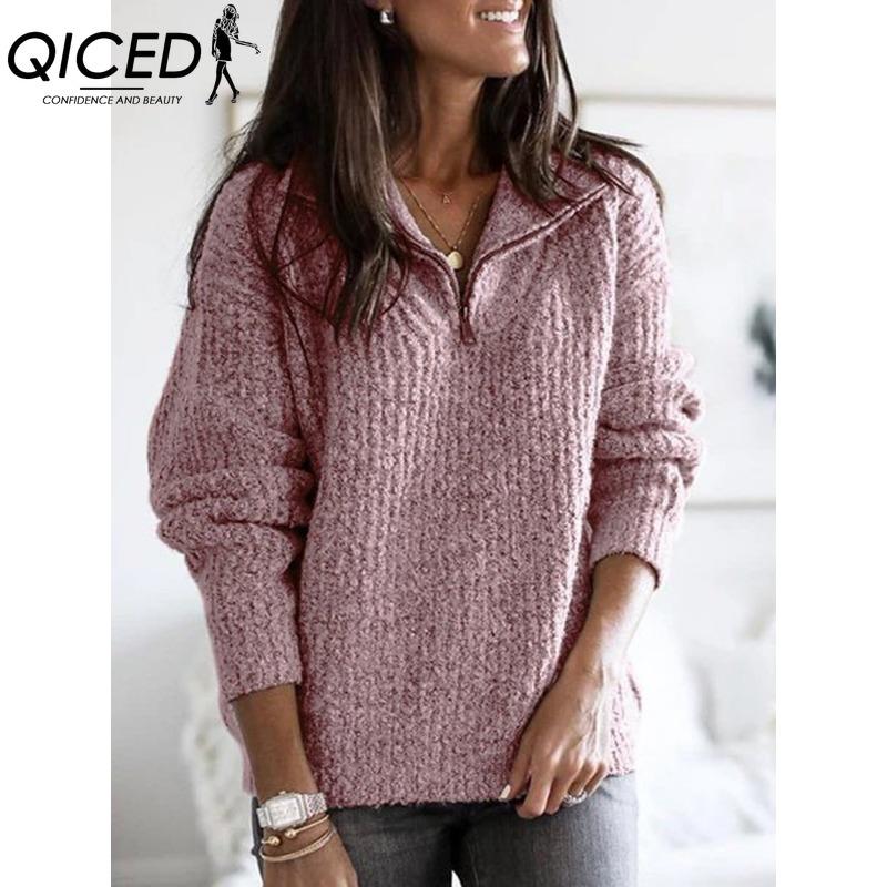 QICED Women's Fashion Casual Solid Color Print Autumn Winter Long Sleeve Zip Collar Loose Sweaters
