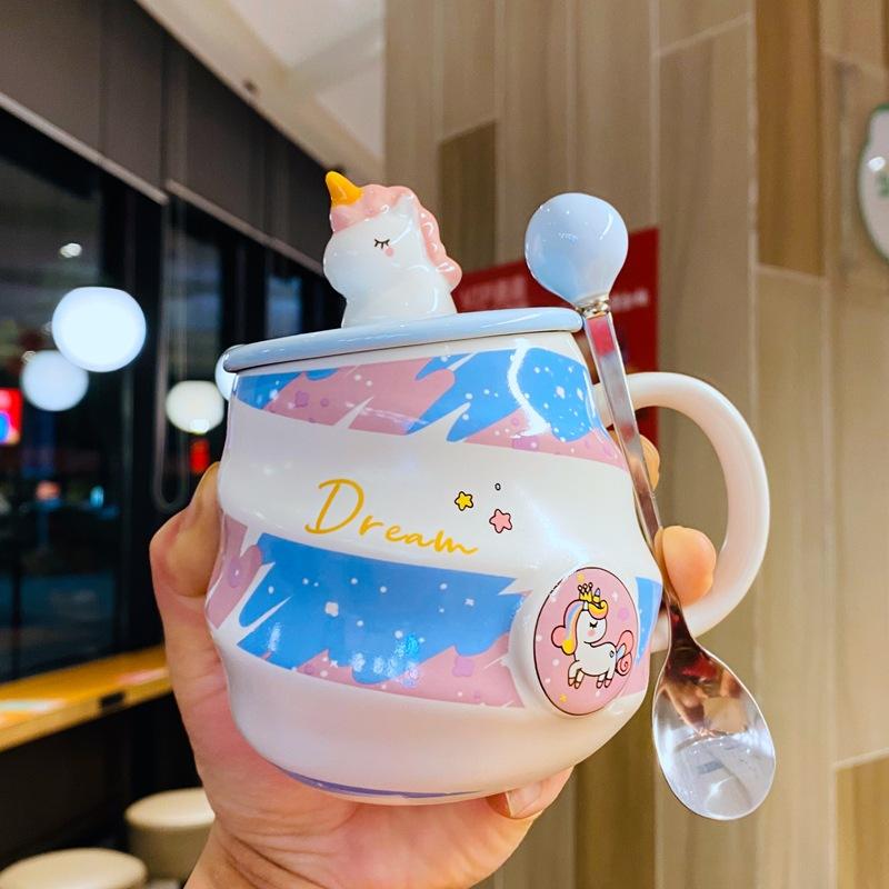 Unicorn Water Cup Rainbow Mug Coffee Cup with Lid Spoon Cute Girl Home Drinking Water Cup Ceramic Cup
