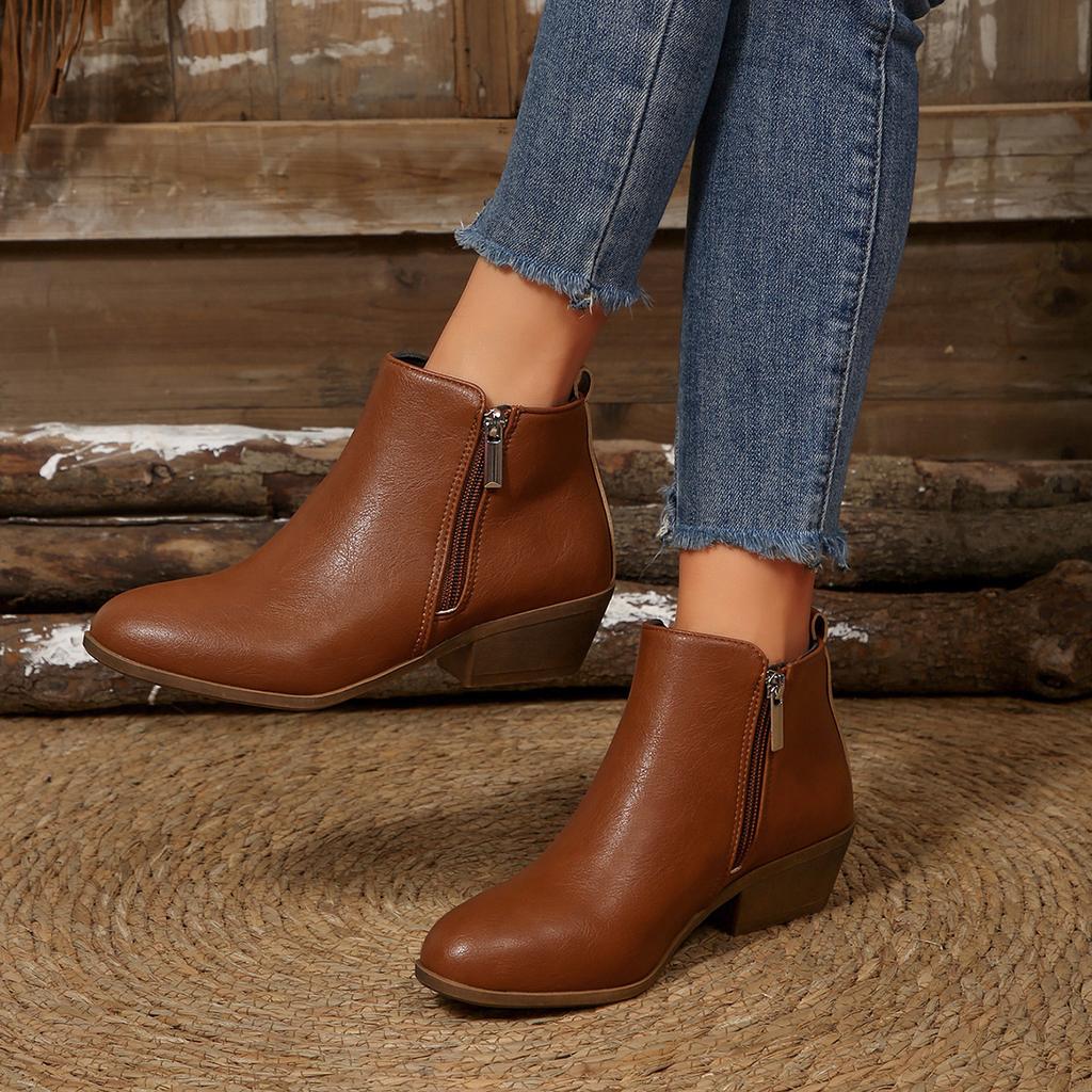 Vintage side zipper mid-heel short boots women's autumn thick heel plus size Chelsea boots