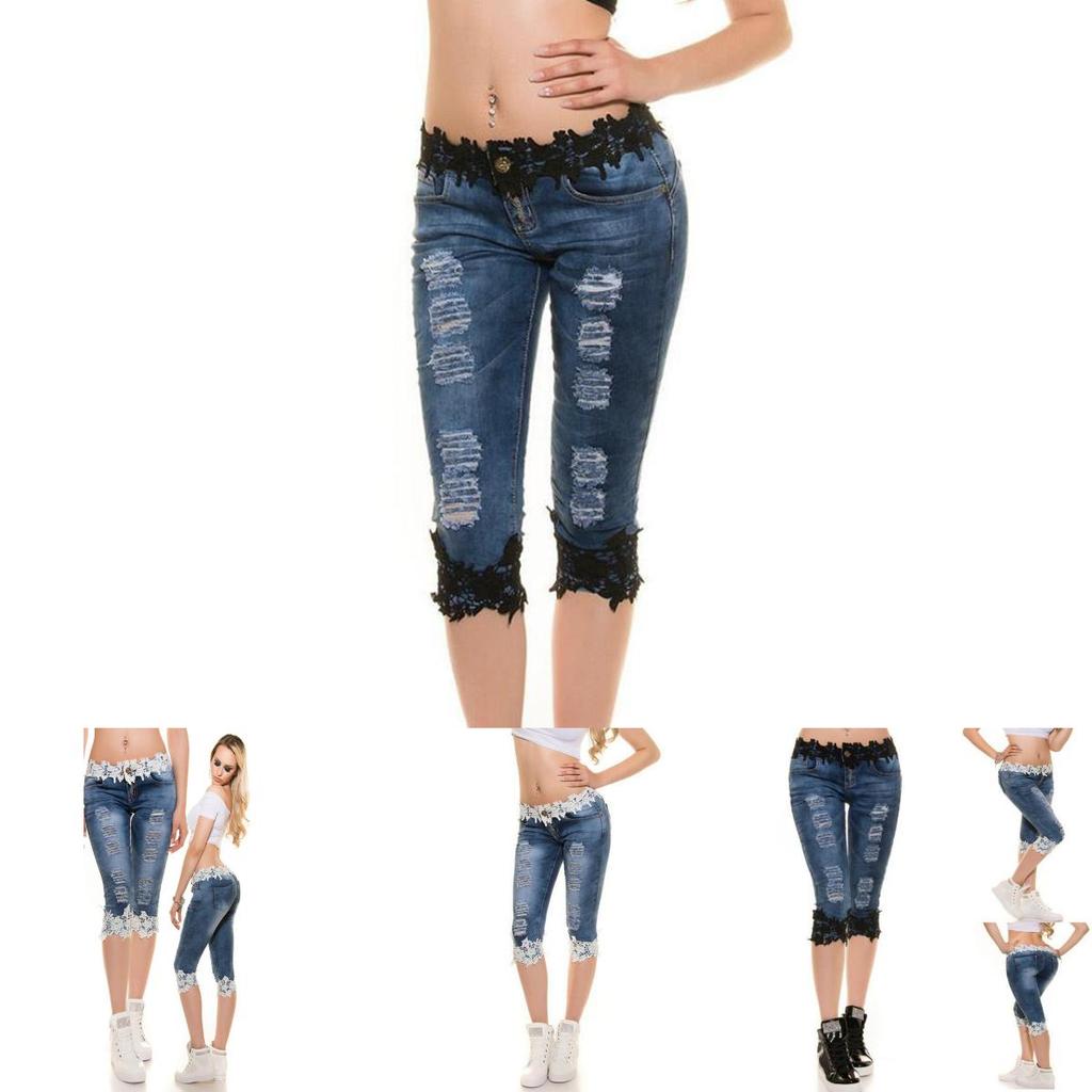Stylish Women Jeans Lace Elastic Casual Big Size Cowboy Denim Shorts For Daily Wear