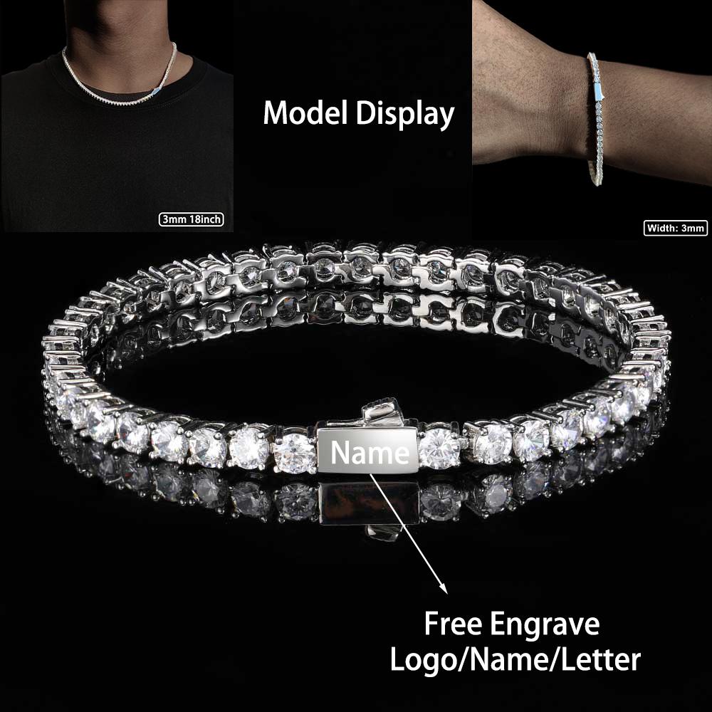 

3mm 4mm 5mm 1 Row Tennis Chain Bling Zircon Copper Material Necklace Hip Hop Man and Women Iced Out Jewelry Free Engrave Bracelet 7in(17.8cm)