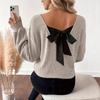 Women's V-Neck Solid Sweater with Bow - Autumn Long Sleeve Loose Fit