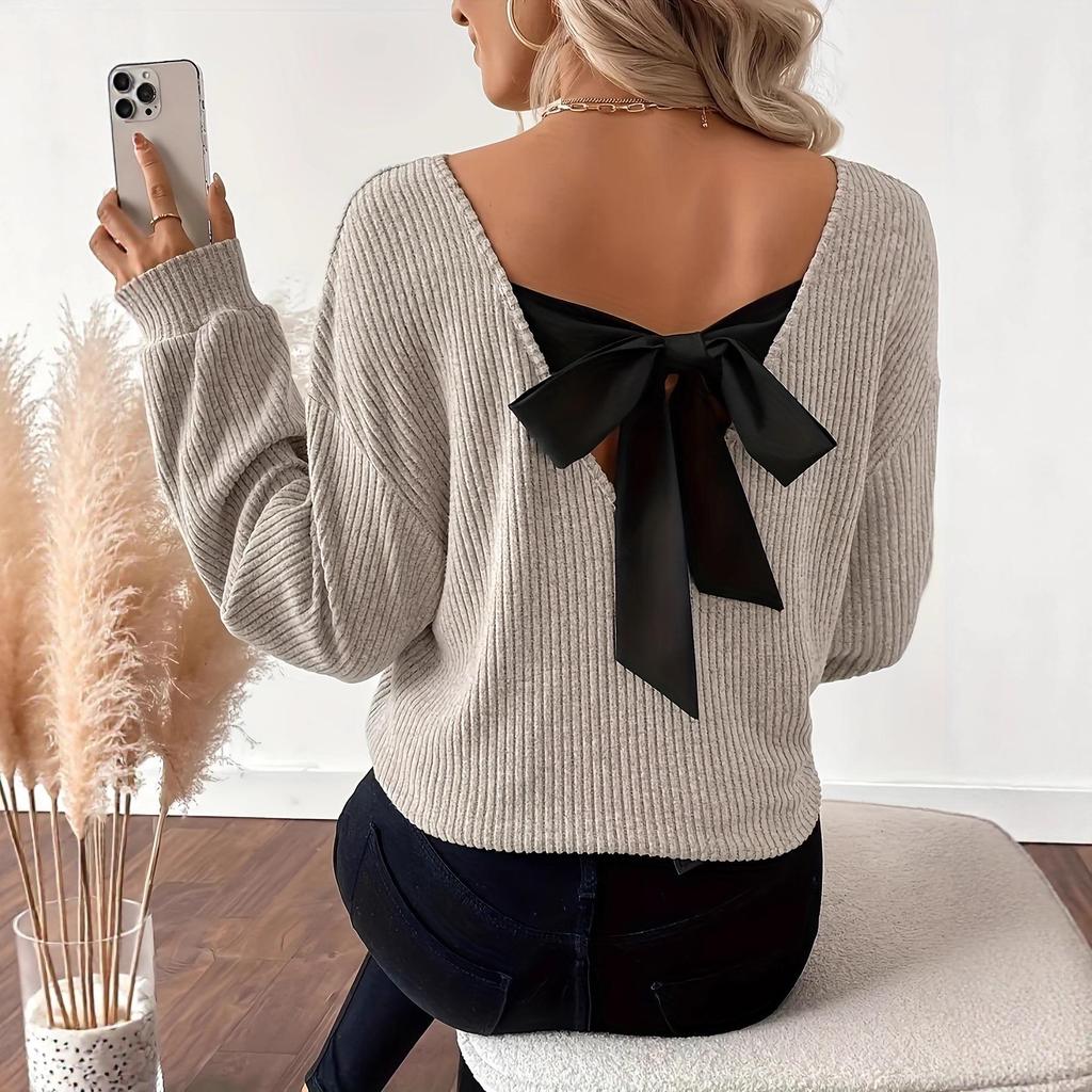 Women's V-Neck Solid Sweater with Bow - Autumn Long Sleeve Loose Fit