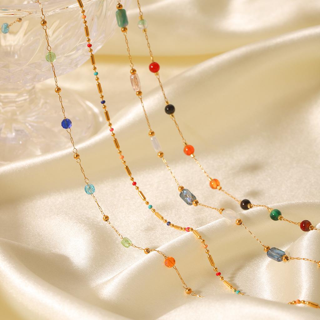 Dopamine Colorful Beaded Natural Stone Round Bead Collarbone Necklace For Women