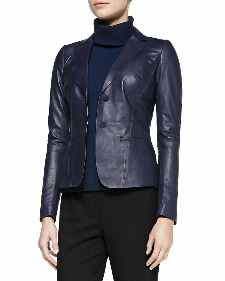 Navy Blue Genuine Stylish Office Formal Women's Blazer Handmade Lambskin Leather