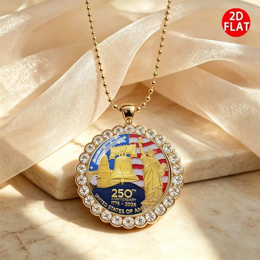Gold-Edged Rhinestone American Flag & Statue of Liberty Necklace