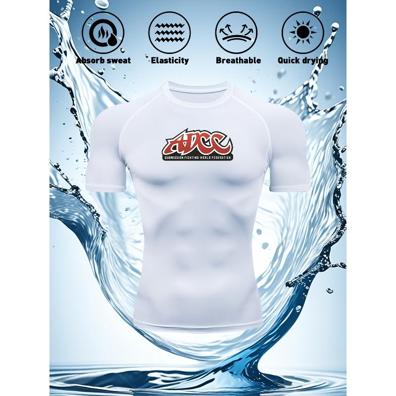 Pánské tmavě modré kompresní tričko s krátkým rukávem ADCC Logo Grafika Odvádí pot Rychleschnoucí Prodyšné Vysoká elasticita BJJ MMA A Běhání Atletický top