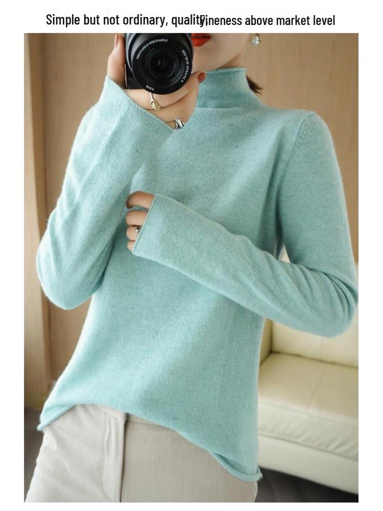 Women's 100% Pure Wool Turtleneck Sweater - Fashionable Autumn/Winter Knitted Cashmere Base Layer Top