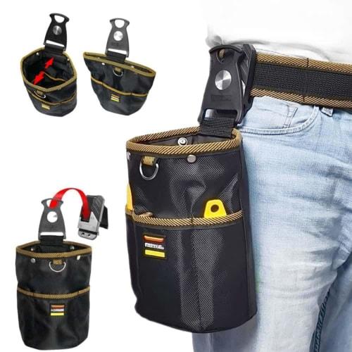 Two-tiered waist pouch with spring closure, perfect for storing nails and tools. Includes a removable tool holder for easy attachment and detachment.