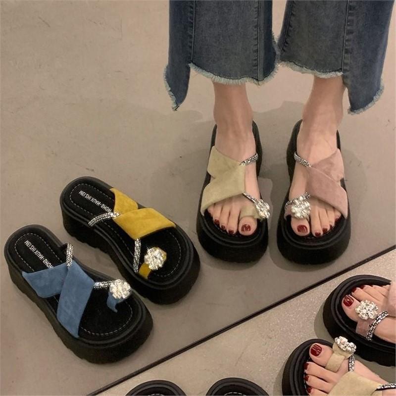 Rhinestone temperament fashionable thick-bottomed cool slippers spring and summer new daily versatile slippers fairy trend