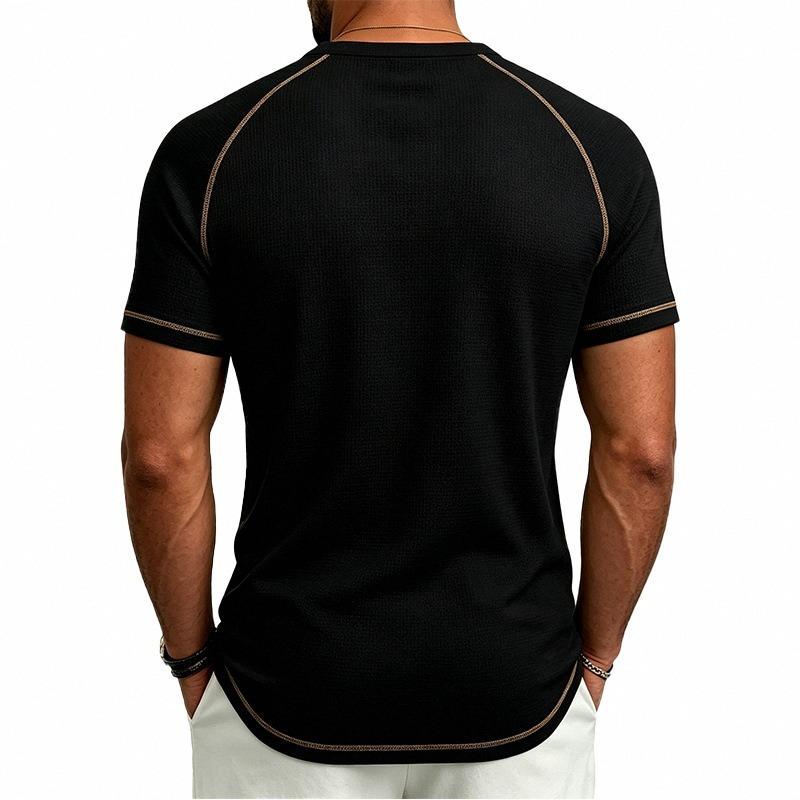 Mens Waffle Henley Collar Raglan Short Sleeve Color Block Casual T Shirt