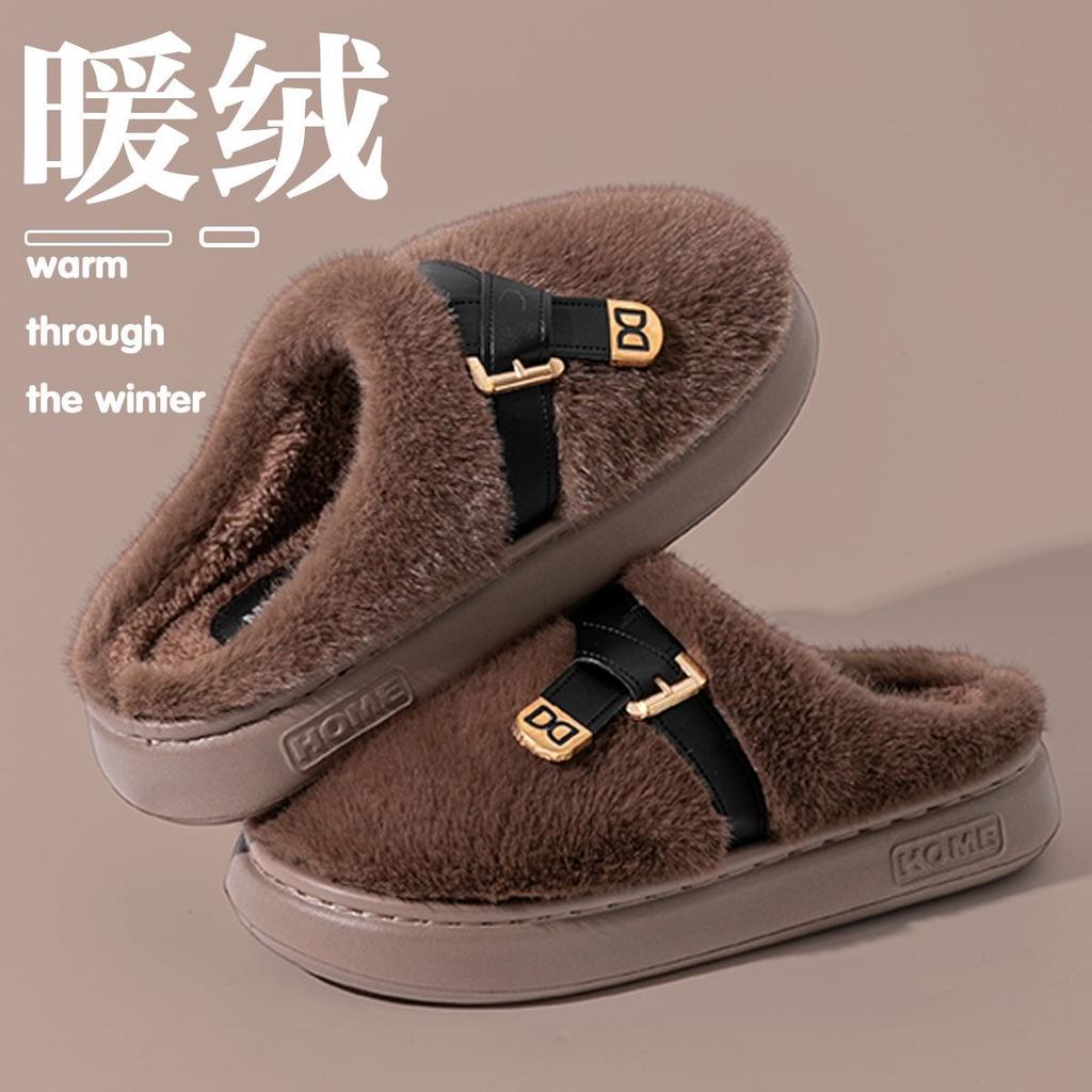 Thick-soled Fluffy Shoes Are Worn Outside In Winter, Piled and Thickened To Keep Warm, Fashionable Belt Buckle, Home Indoor Bag Head Cotton Slippers.