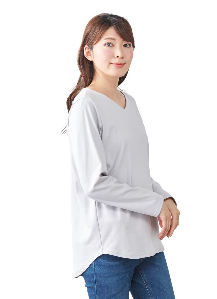 755 Supima Cotton Cut and Sewn Made In Japan Tops Pullover Long Sleeve Cotton Ice [SPAN] V-neck Women's T-shirt 100% (L, Gray)