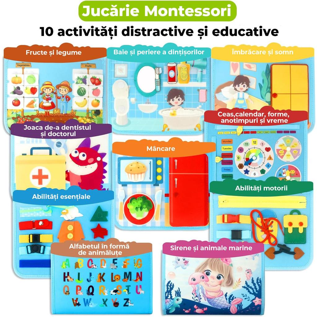 Montessori Busy Board Interaktives Sensorikspielzeug Faltbar Tragbar Aktivitätenbuch Blau Pädagogisches Reise Spielzeug zur Entwicklung der Feinmotorik
