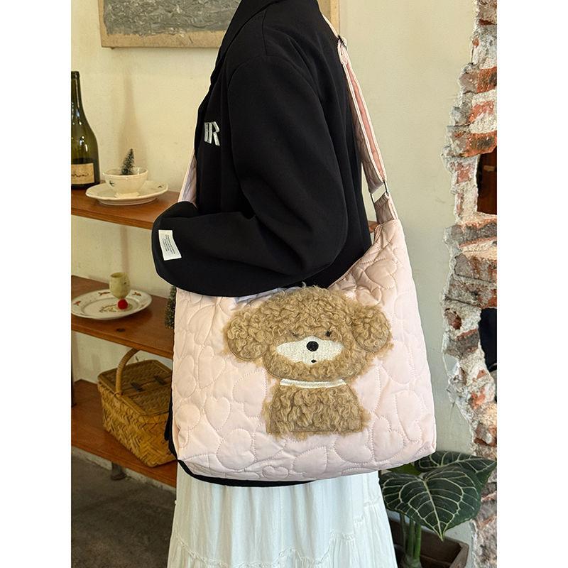 Japanese Cute Puppy Embroidered Cotton Bag 2025 Autumn and Winter New Large-capacity Commuter Tote Bag Niche Messenger Bag