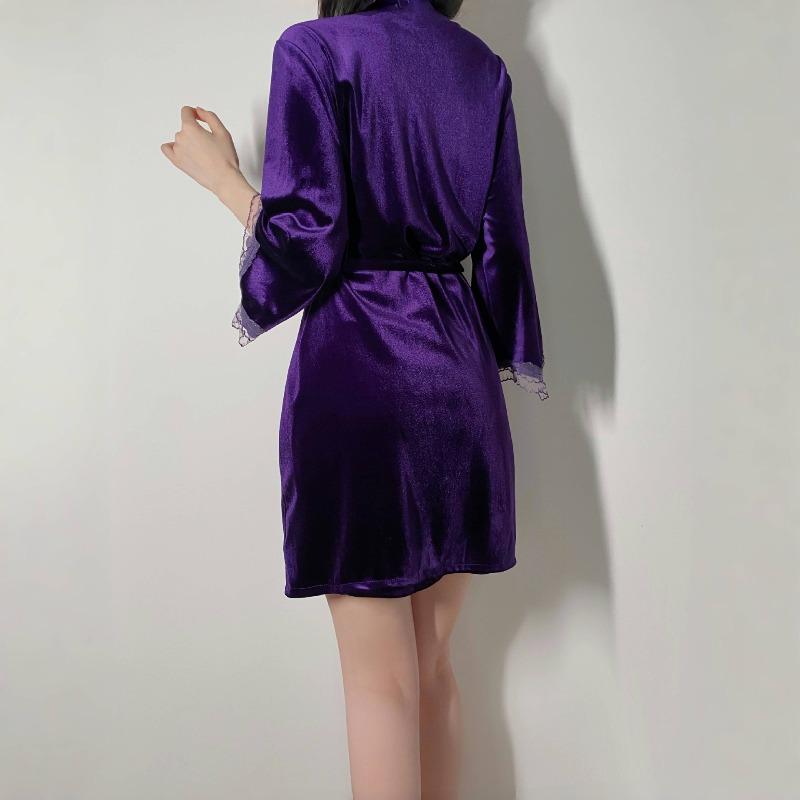 Sexy Golden Velvet Suspender Pajamas Autumn and Winter Nightgown Robe Two-piece Set Lace Loungewear Women's