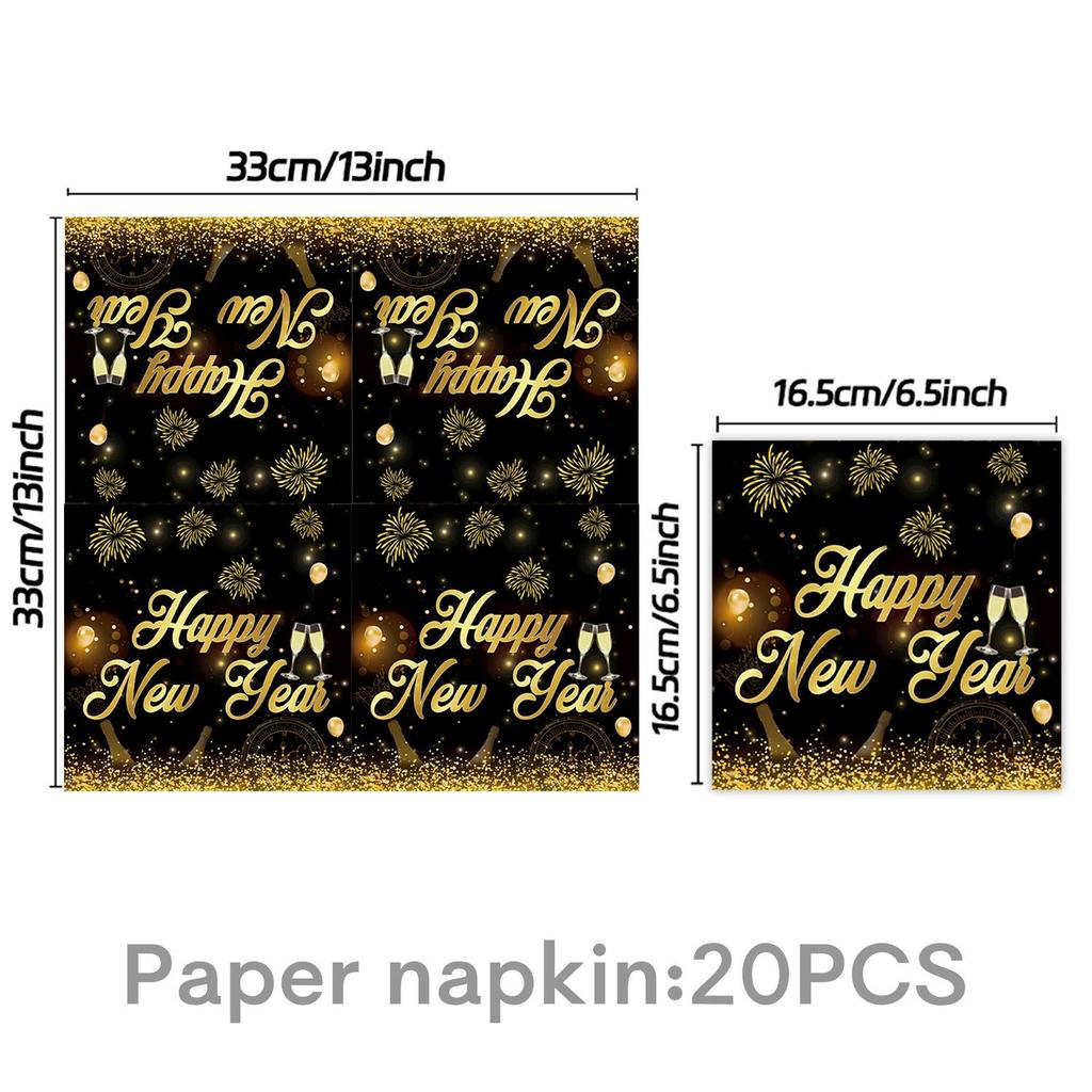 New Year 2026 Black and Gold Party Set: Paper Plates, Napkins, Pull Flag, Tablecloth