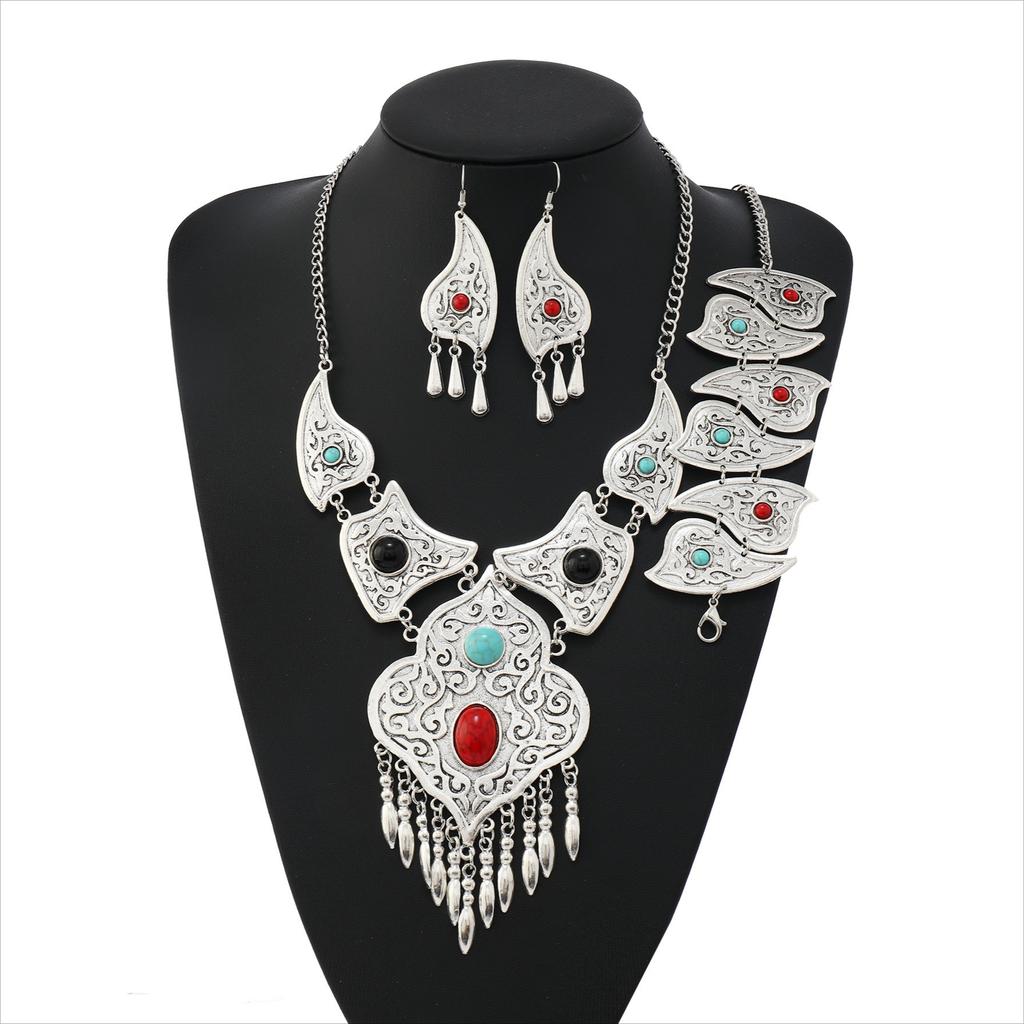 Bohemian Vintage Beads Tassel Choker Necklace Earrings Bracelet for Women India Gypsy Boho African Ethnic Jewelry Set