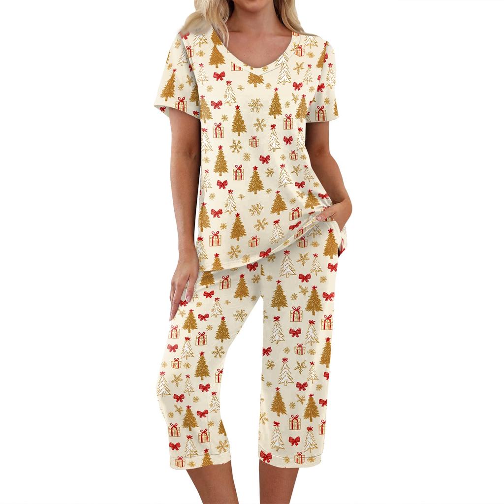Women's Casual Two Piece Outfit Set Christmas Print Short Sleeve Pants