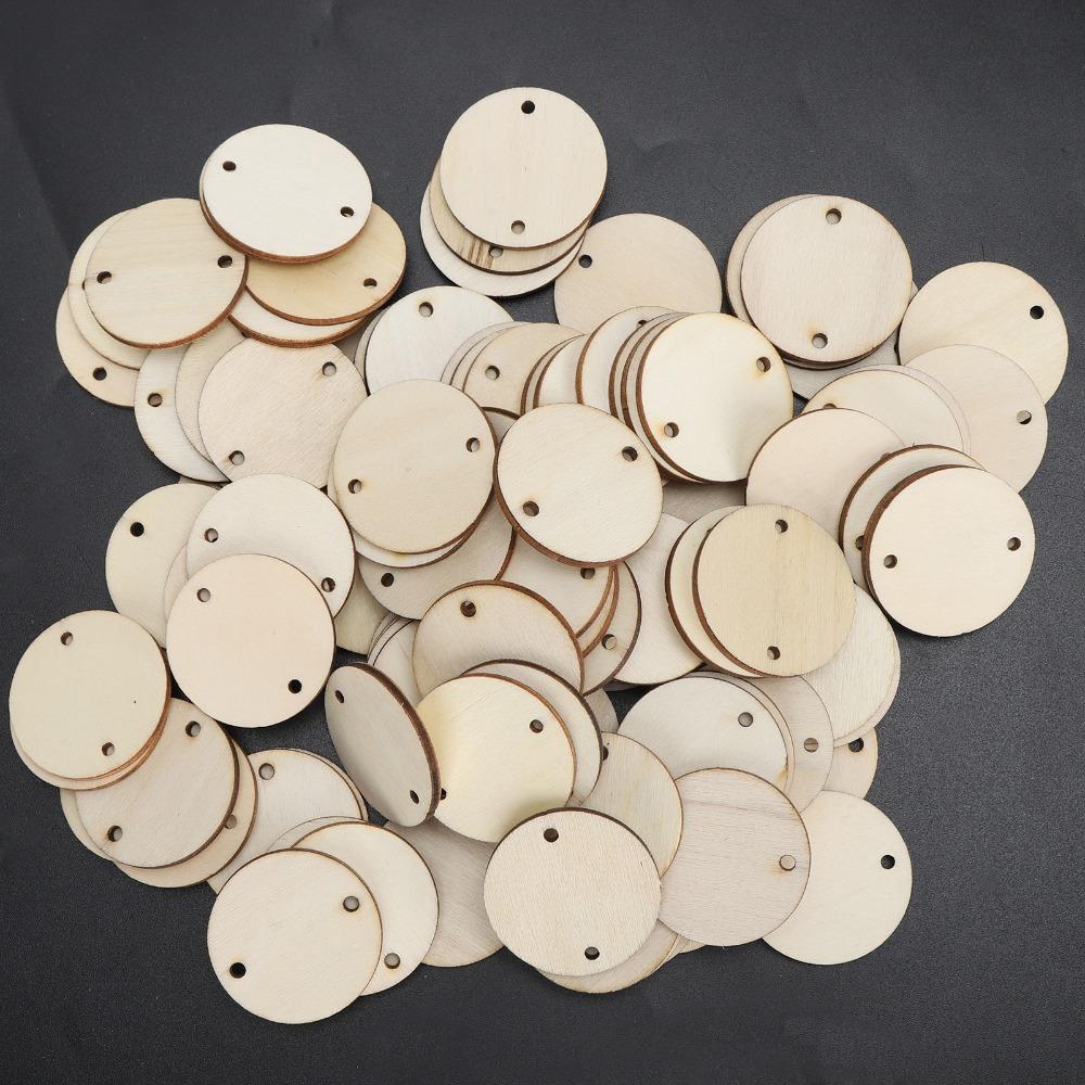 100pcs Wood Handmade DIY Unfinished Blank Wood Chips Round With Hole Wooden Pendants 3.5cm Round Wood Pieces Craft Decoration