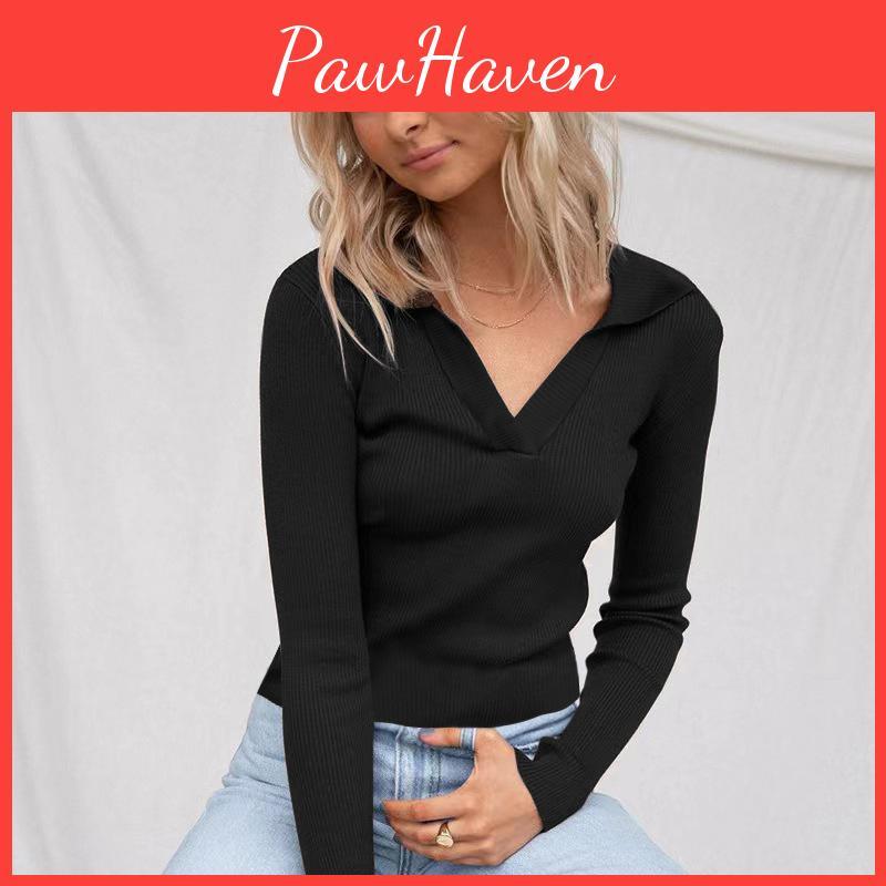 Elegant Long Sleeve Polo Shirt For Women With Pure Cotton Stripes And Slim Fit Design