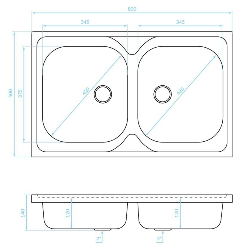 Metal Double Bowl Top-Mount Sink 50X80Cm With Siphon Kuchinox