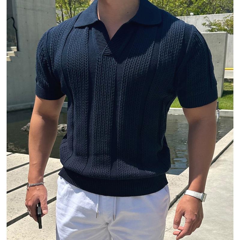 Men's White Hollow Knit Polo Shirt Short Sleeve Breathable Mesh Summer Casual Slim-Fit Knitwear Top