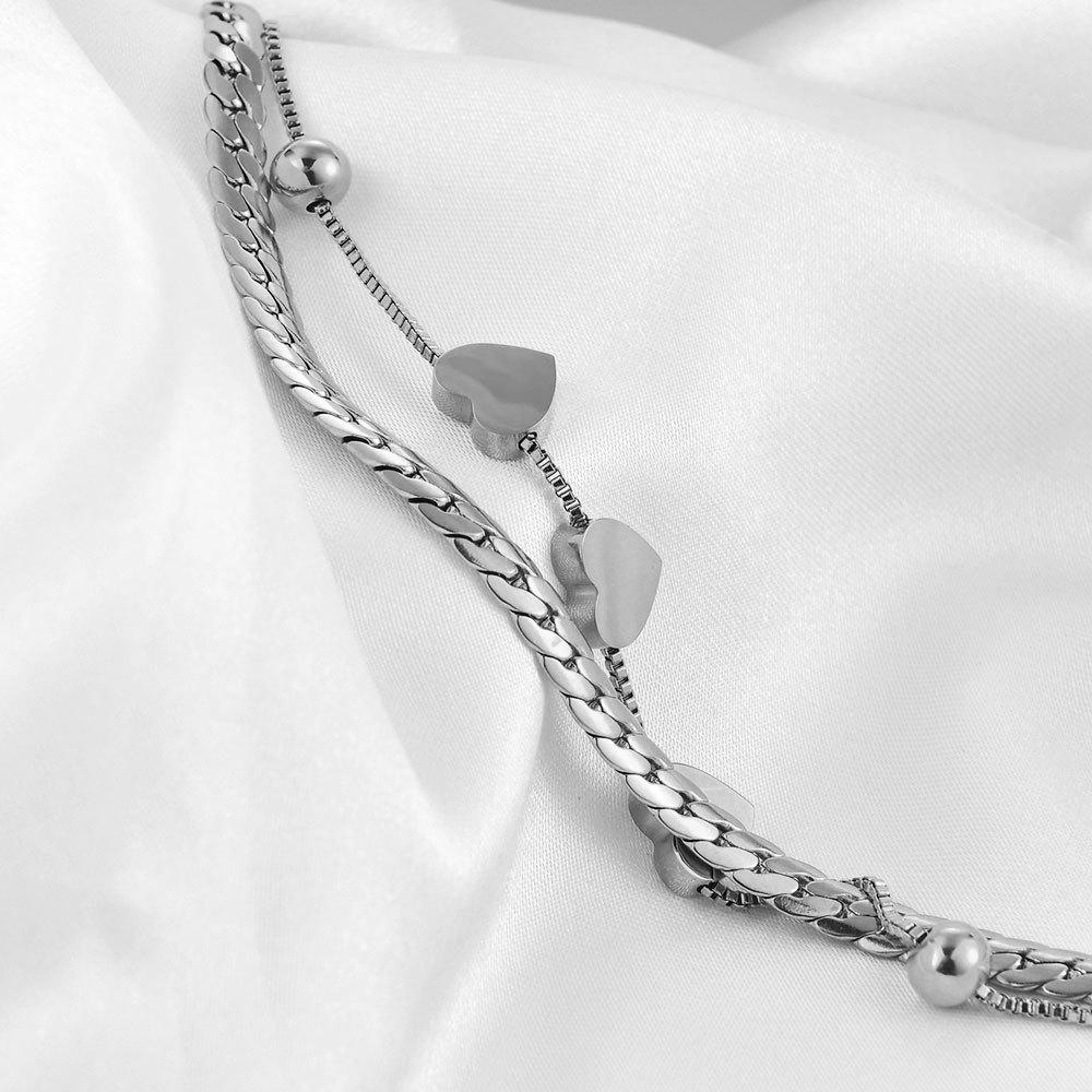 8MM Smooth Surface Heart 18K Gold Stainless Steel Double Layer Bracelet, Laser Engravable