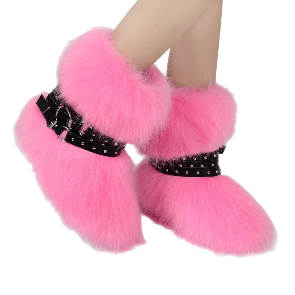 Women's Faux Fur Snow Boot Winter Warm Fluffy Furry Ankle Boots for Women Outdoor Fuzzy Mid-Calf Booties Plush Warm Snow Shoes for Outdoor Indoor