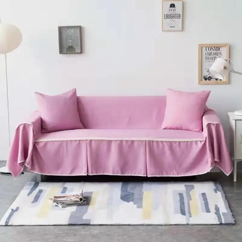 1/2/3/4-seater Sofa Cover for Living Room Solid Color Lace Edge Sofa Towel All-inclusive Dust Couch Cover Solid Slipcover