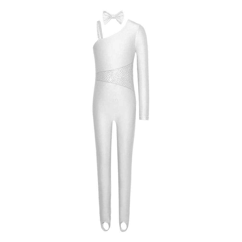 Dziewczęcy Kostium Kotka Body Cosplay Błyszczące Dżety Asymetryczny Rękaw Szew Ogon Długie Spodnie Kombinezon