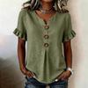 Women V Neck Short Sleeve Casual Solid T Shirt Top with Ruffle Sleeves and Button Front Loose Fit Blouse for Daily Wear