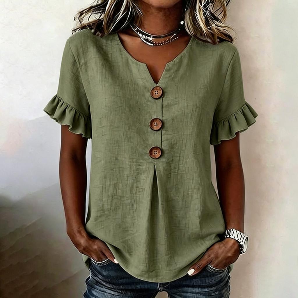 Women V Neck Short Sleeve Casual Solid T Shirt Top with Ruffle Sleeves and Button Front Loose Fit Blouse for Daily Wear