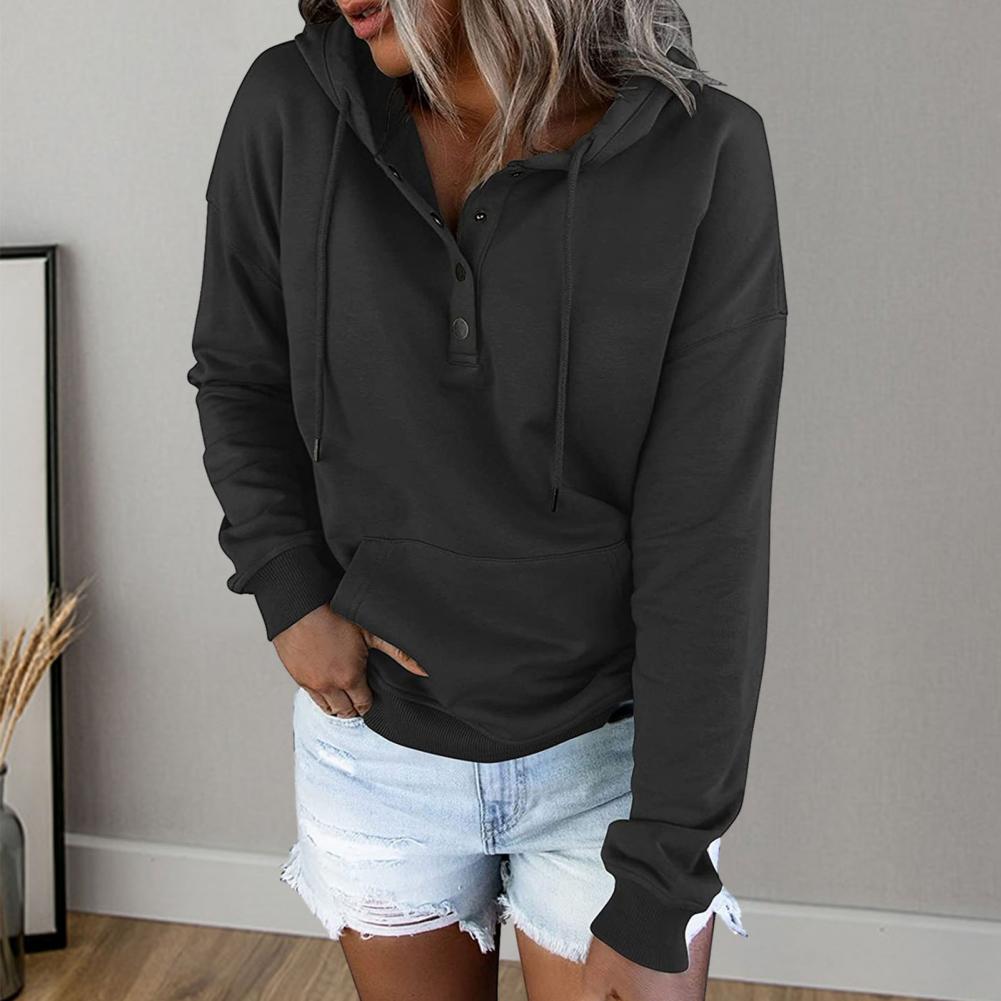 Women Fall Winter Hoodie Long Sleeve Loose Pullover Big Pocket Button Decor Drawstring Casual Soft Warm Hooded Elastic Cuff Lady