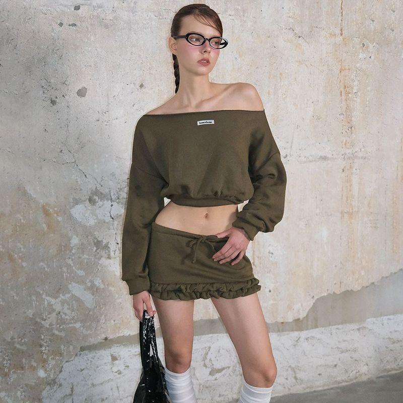 

Стильный американский сексуальный свитшот с косым плечом, модный костюм, уличная мода, крутой свободный повседневный короткий топ + юбка-бутон Green S