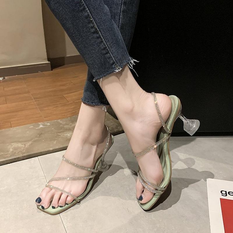 Fashion New Summer Slippers Women's Fashion Square Head Open Toe Rhinestones with A Slip-on Non-slip Wear-resistant High Heels
