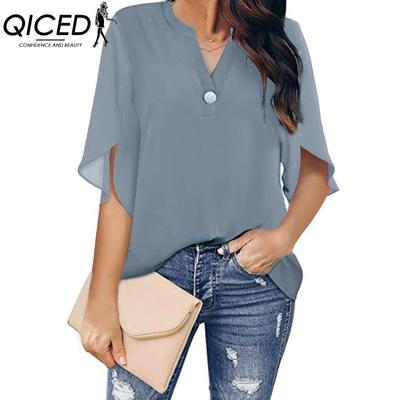 Women's Fashion Casual Solid Color Print Short Sleeve V Neck Blouses & Shirts