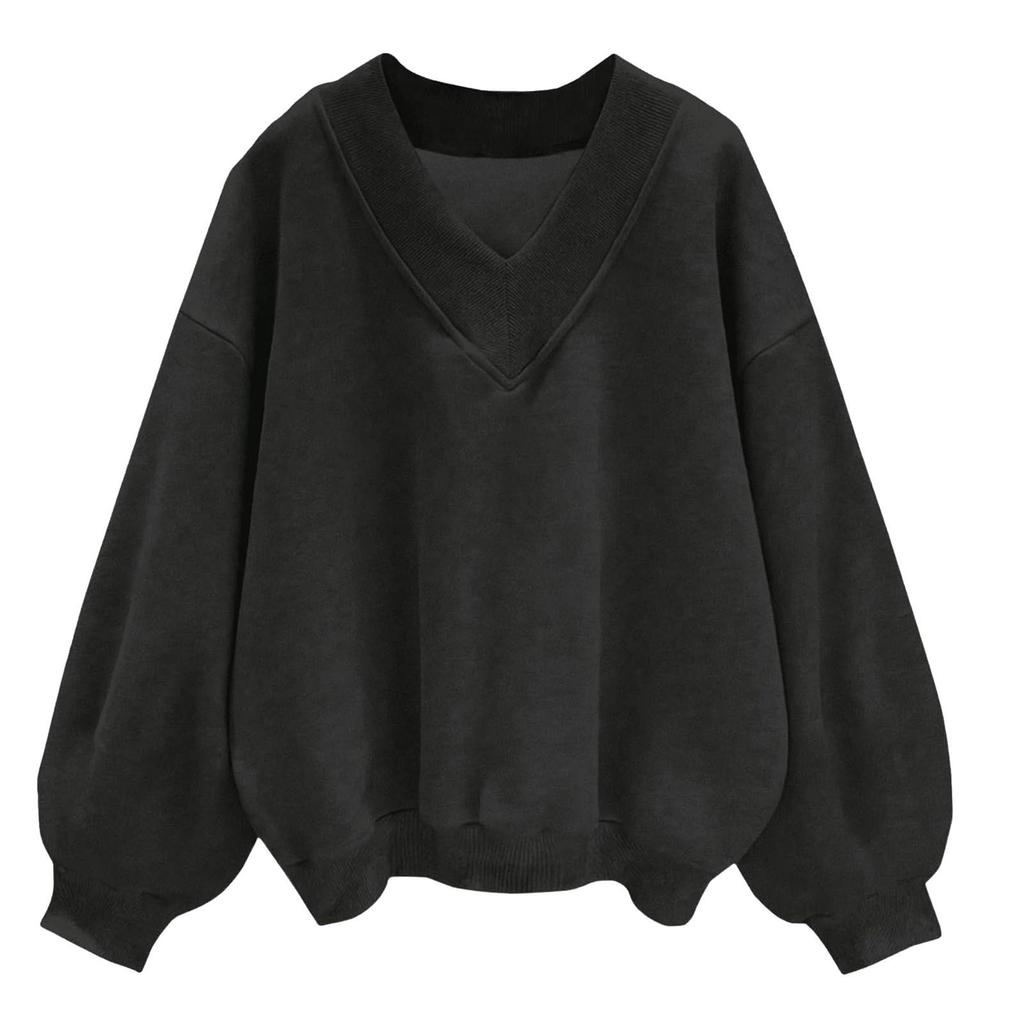 Felpe da donna con scollo a V, maniche lunghe, oversize, tinta unita, casual, vestibilità ampia, atletiche, da allenamento