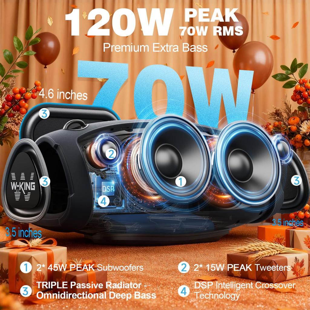 120W MAX 70W RMS Bluetooth Speaker with Deep IPX6 Waterproof and Dustproof Wireless Loud Portable Wireless Outdoor 42 Hours of Continuous Call Support