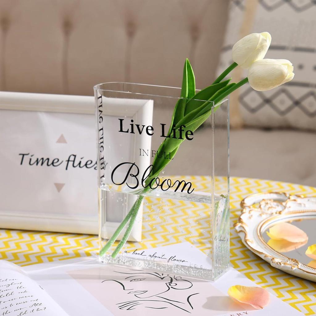 Modern Minimalist Acrylic Vase, Book-Shaped Transparent Design with "Live Life In Full Bloom" Inscription